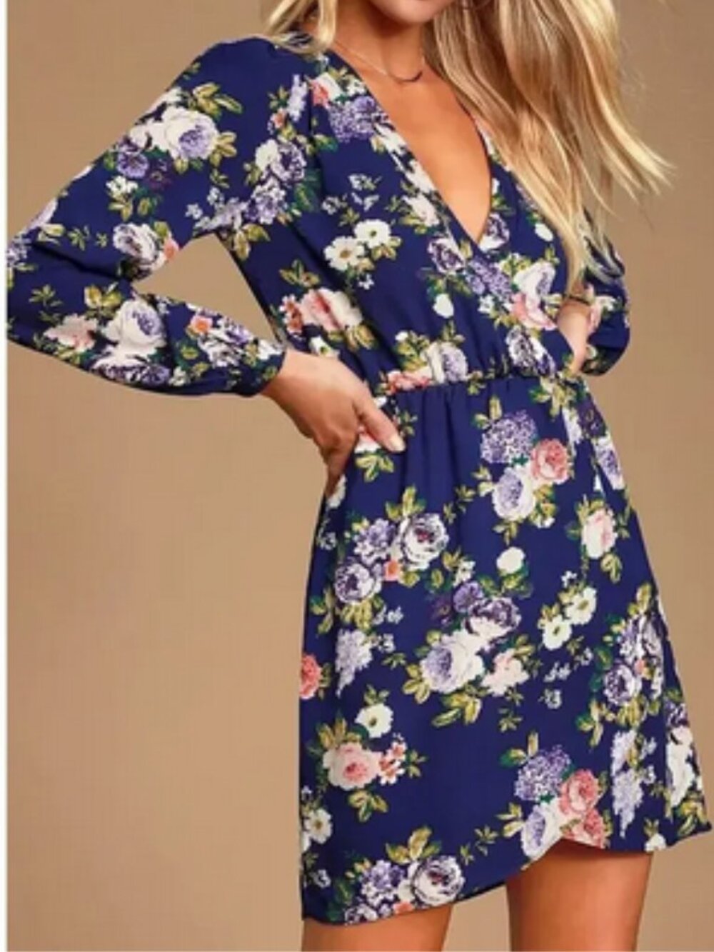 Lulu's blue floral That's A Wrap mini dress, XS.